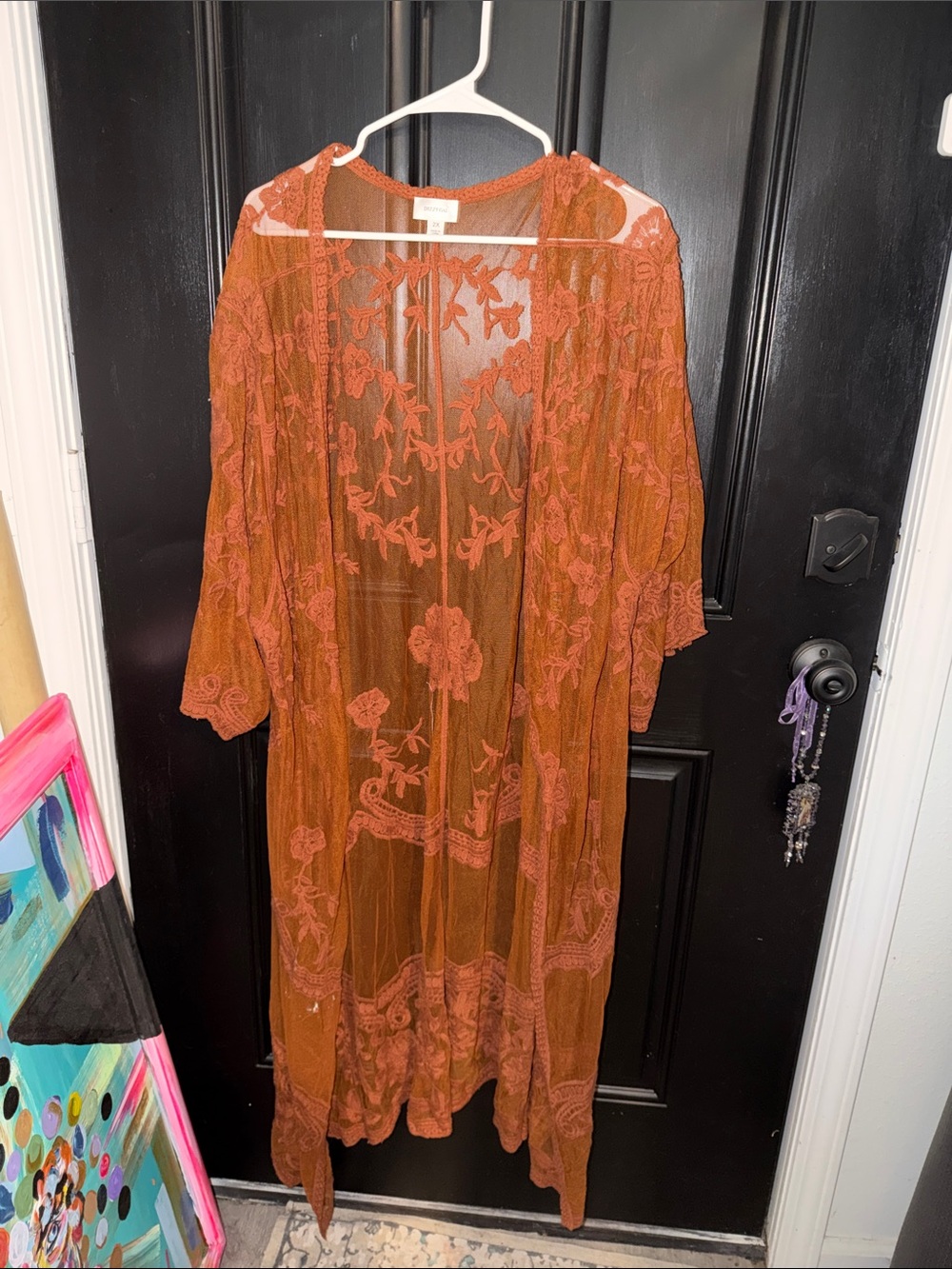 Sheer Burnt Orange Floral Lace Kimono Duster